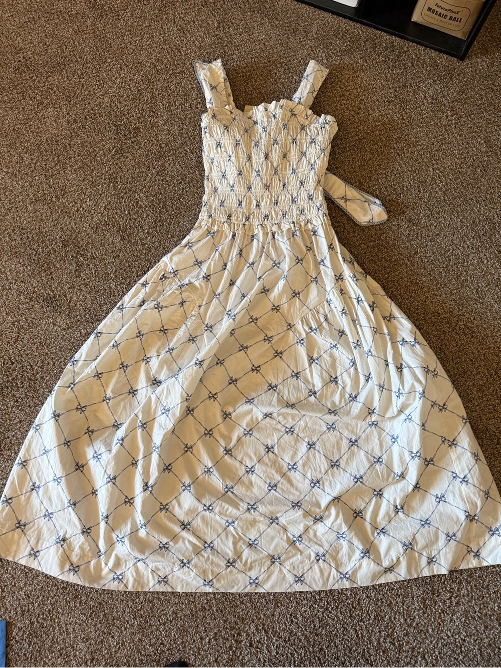Cream Sundress with Blue Lattice Print